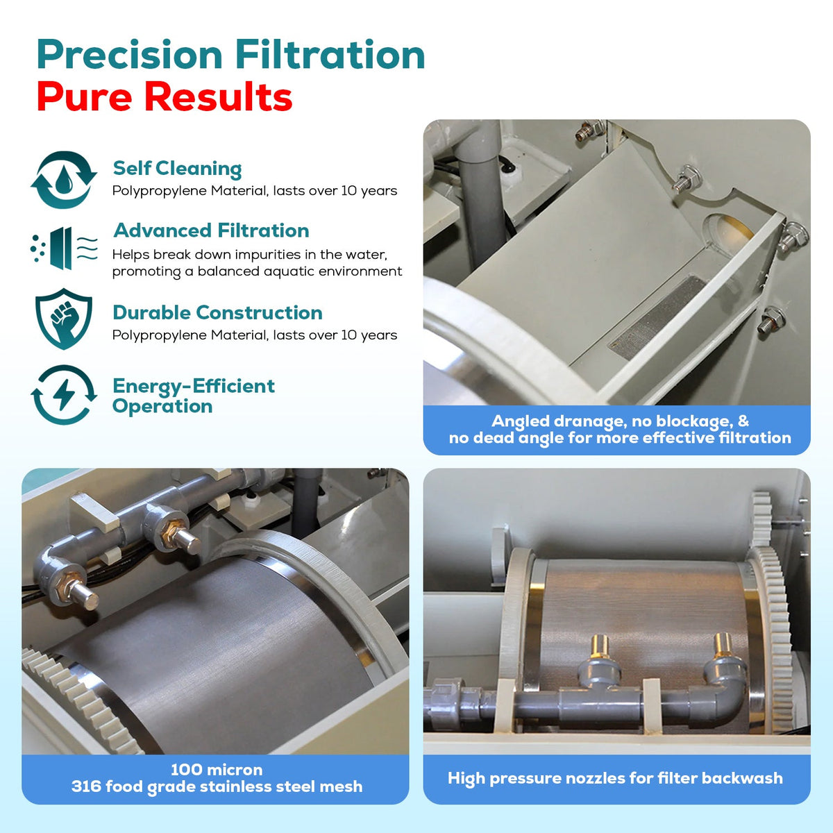 T3 Automatic Rotary Drum Pond Filter | 807 GPH / 719-Gallon (3-Ton) Capacity | Self-Cleaning Backwash, Biochemical Filtration – Compact Koi Pond & Aquaculture Freshwater Filter System