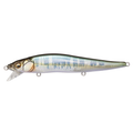 Megabass Vision 110 SR fishing lure in a realistic minnow design with green and silver scale pattern, detailed eyes, and a clear diving lip for freshwater fishing tackle.