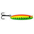 Williams Wabler 3-1/4" fishing lure with bright green and orange body, black fish scale pattern, and sharp black treble hook designed for effective fishing tackle use.