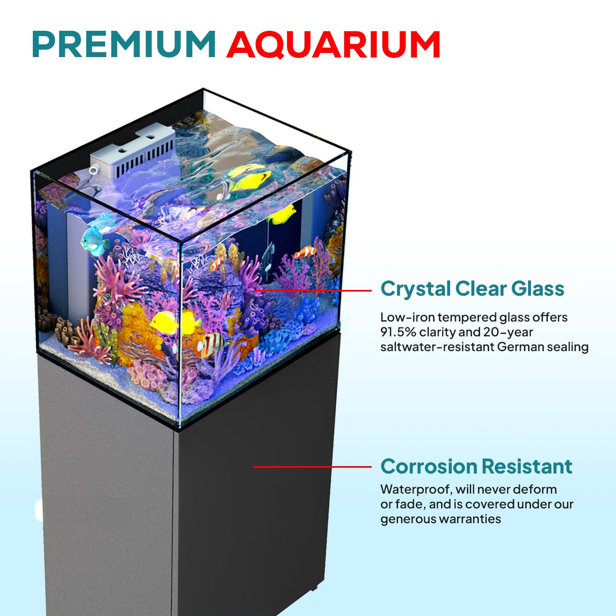 63 Gallon Coral Reef Aquarium Ultra Clear Glass Tank & Built in Sump Silver