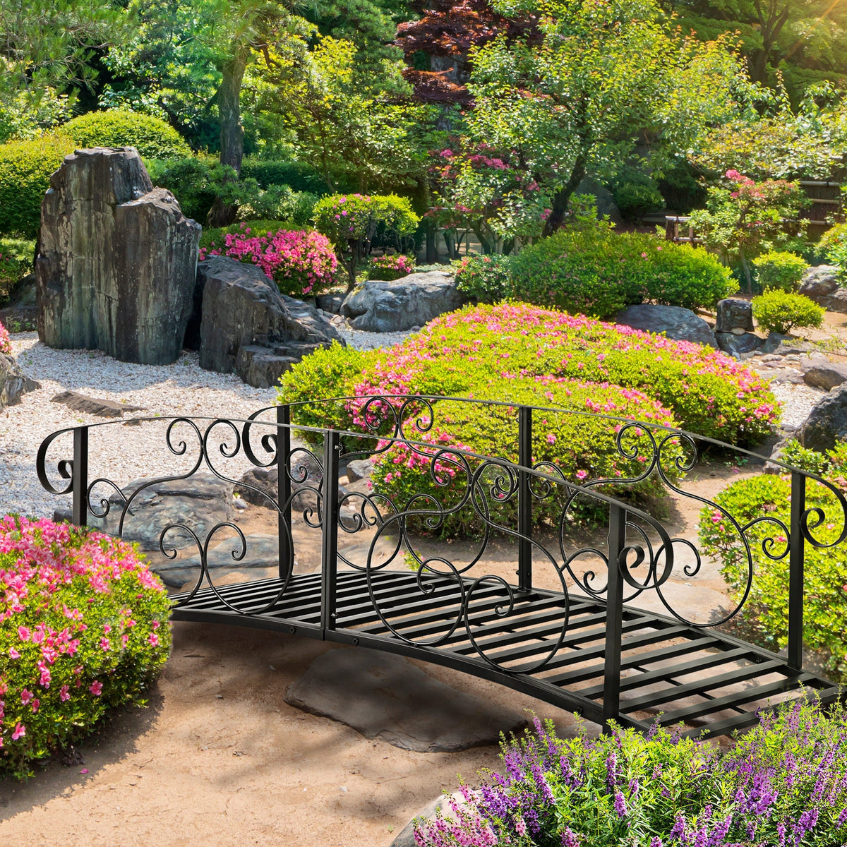 6FT Steel Arch Decorative Arc Landscaping Bridge with Safety Siderails for Backyard, Black