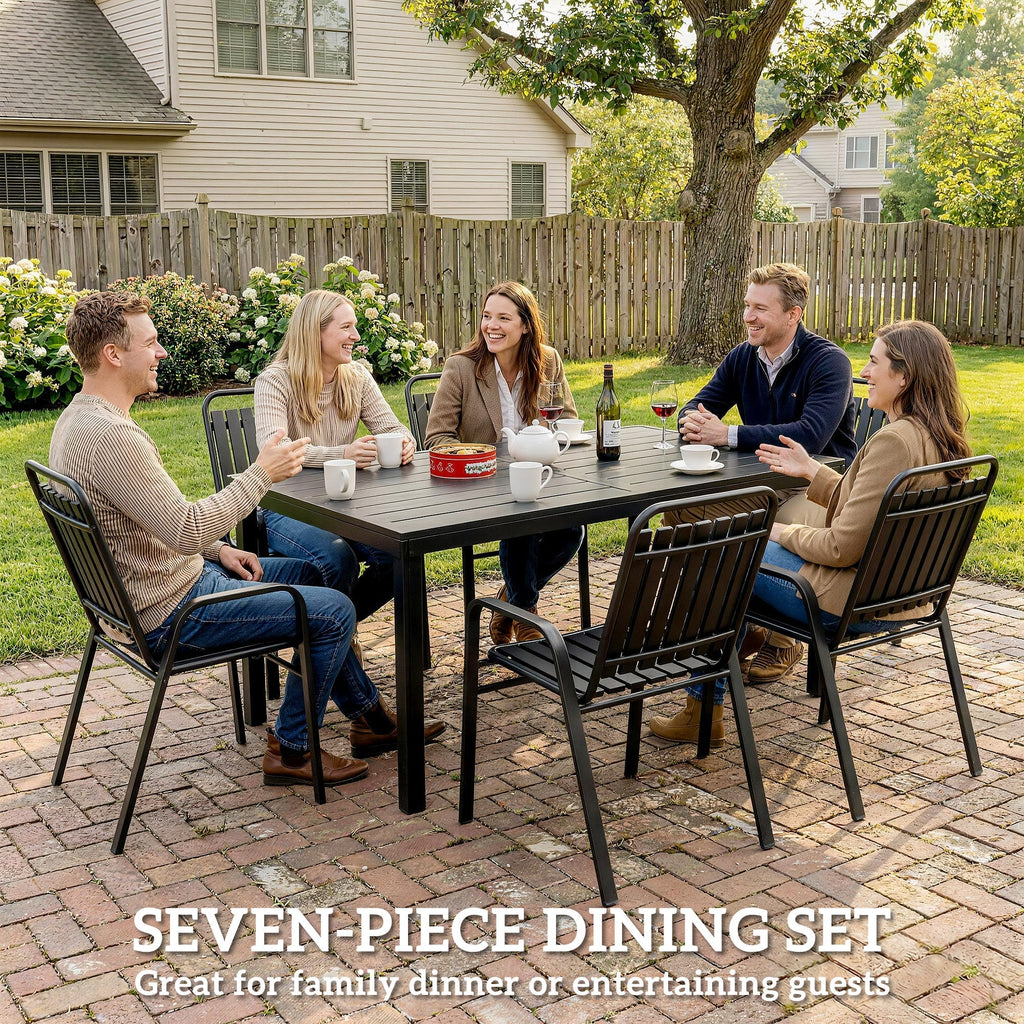 7 Piece Garden Dining Set with Stackable Chairs and Umbrella Hole, Black