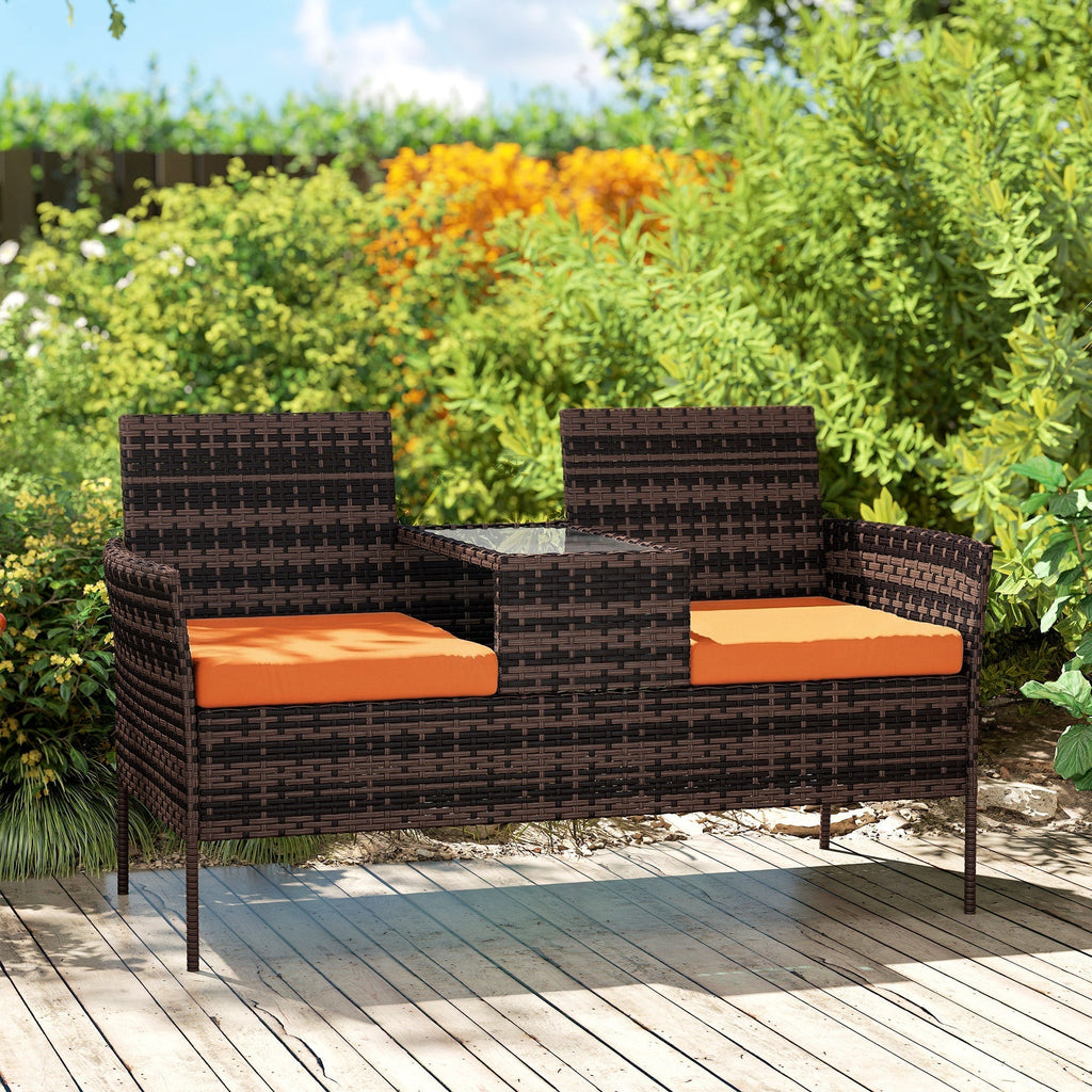Outsunny Two-Seat Rattan Chair, with Middle Table - Orange