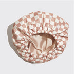 Terracotta Checker Satin Lined Flexi Shower Cap + XL Hair Towel Bundle