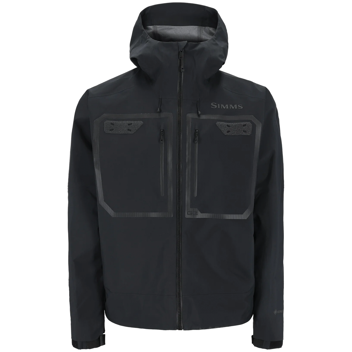Simms G3 Guide Jacket - Men's (NEW 2026), black waterproof fishing jacket with hood, zippered chest pockets, and adjustable cuffs designed for outdoor fishing activities.