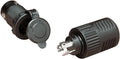 Marinco ConnectPro Trolling Motor Plug & Receptacle for 12/24/36V Trolling Motors shown as black durable plastic connectors with metal prongs and protective caps, designed for marine electronics and fishing tackle applications.