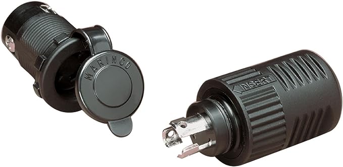 Marinco ConnectPro Trolling Motor Plug & Receptacle for 12/24/36V Trolling Motors shown as black durable plastic connectors with metal prongs and protective caps, designed for marine electronics and fishing tackle applications.