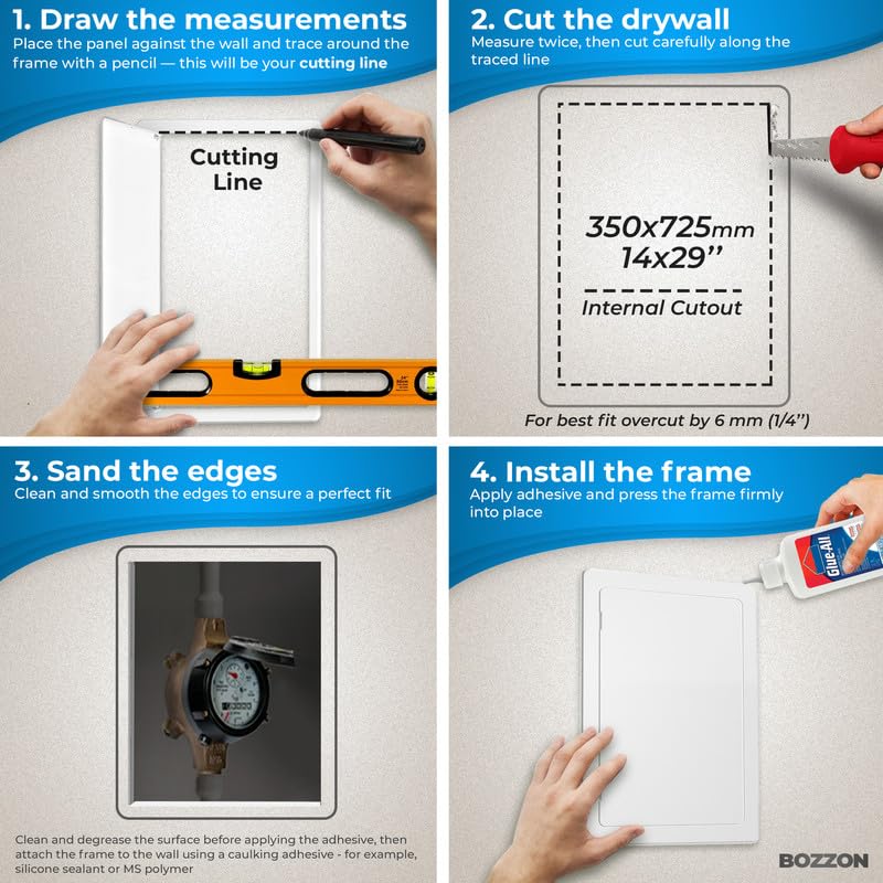 BOZZON Access Panel for Drywall - 14 x 29 in - Wall Hole Cover - Access Door - Plumbing Access Panel for Drywall - Heavy Durable Plastic White - size: 14 x 29