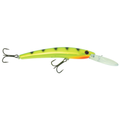 Bill Lewis Precise Walleye Crank is a bright yellow and green fishing lure with black markings, featuring two treble hooks and a clear diving lip for walleye fishing.