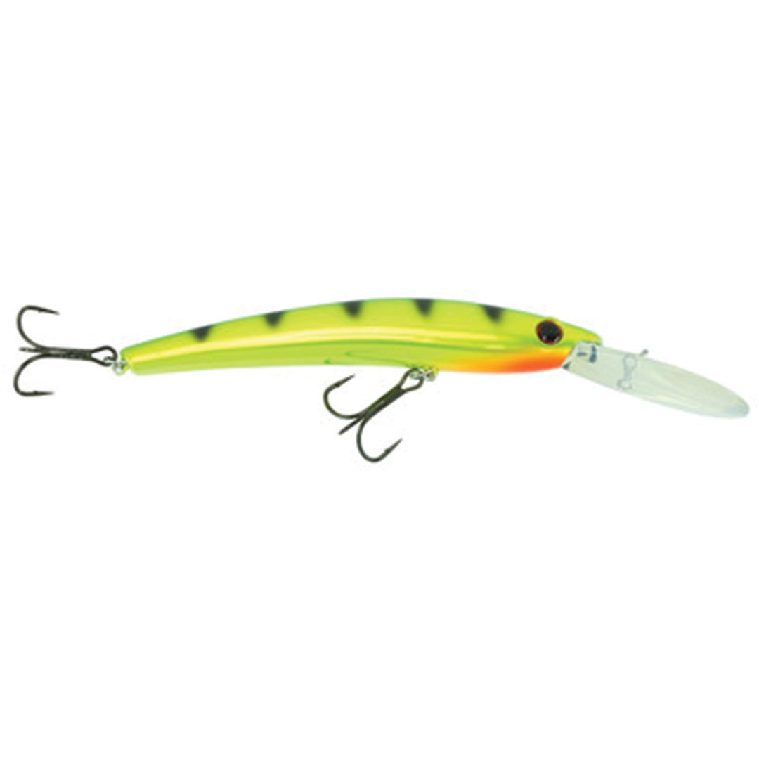 Bill Lewis Precise Walleye Crank is a bright yellow and green fishing lure with black markings, featuring two treble hooks and a clear diving lip for walleye fishing.