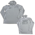 Simms Thorne Bros. Logo M's Tech Hoody shown in gray with front and back views featuring a hood and Thorne Bros. fishing logo.