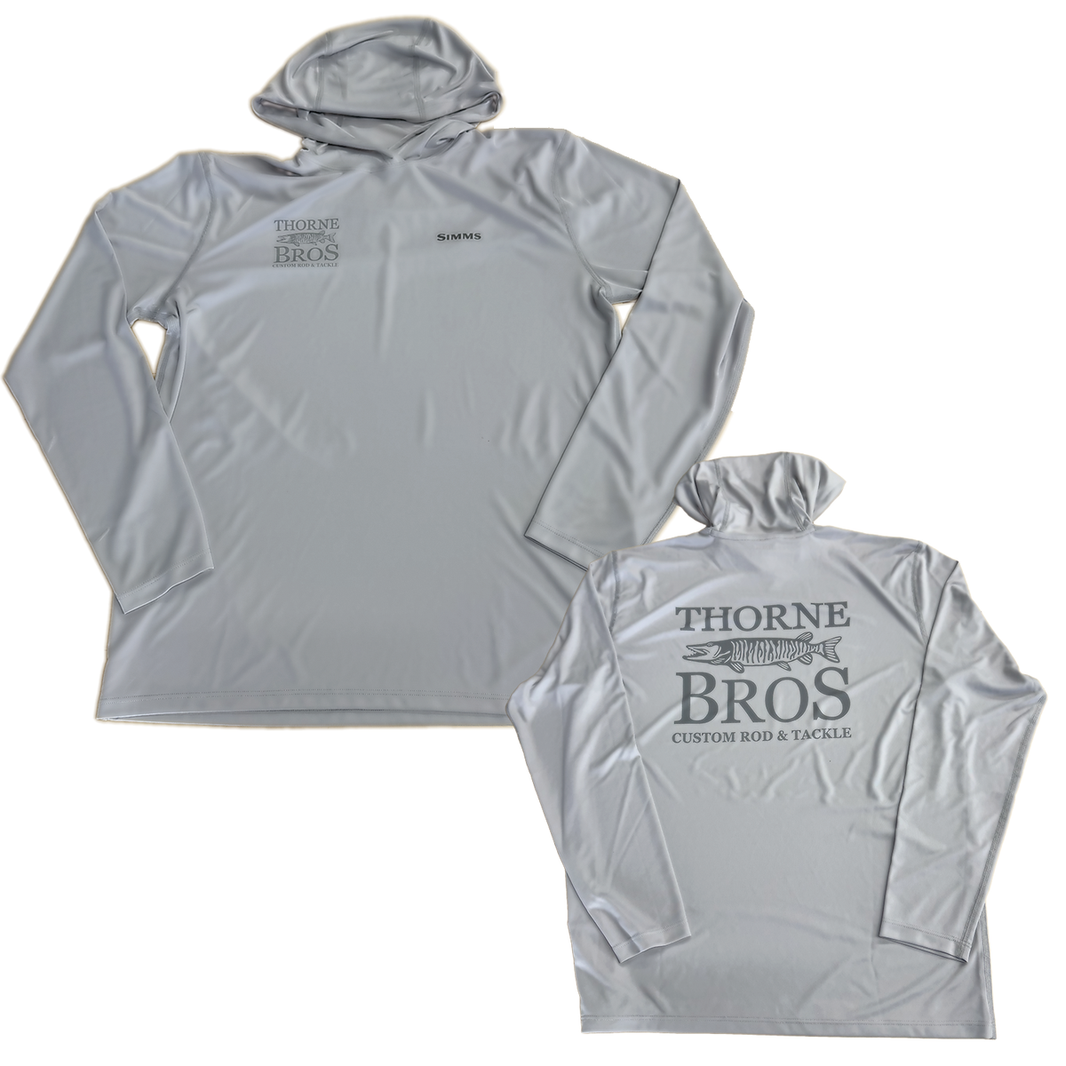 Simms Thorne Bros. Logo M's Tech Hoody shown in gray with front and back views featuring a hood and Thorne Bros. fishing logo.