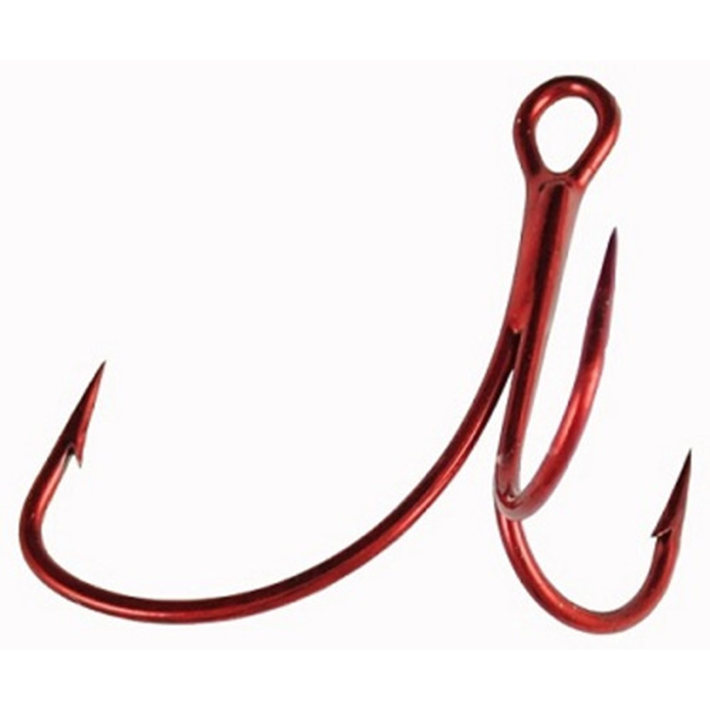 Close-up of a red VMC Sure-Set Treble Hook featuring three sharp, curved points designed for secure fishing tackle use.