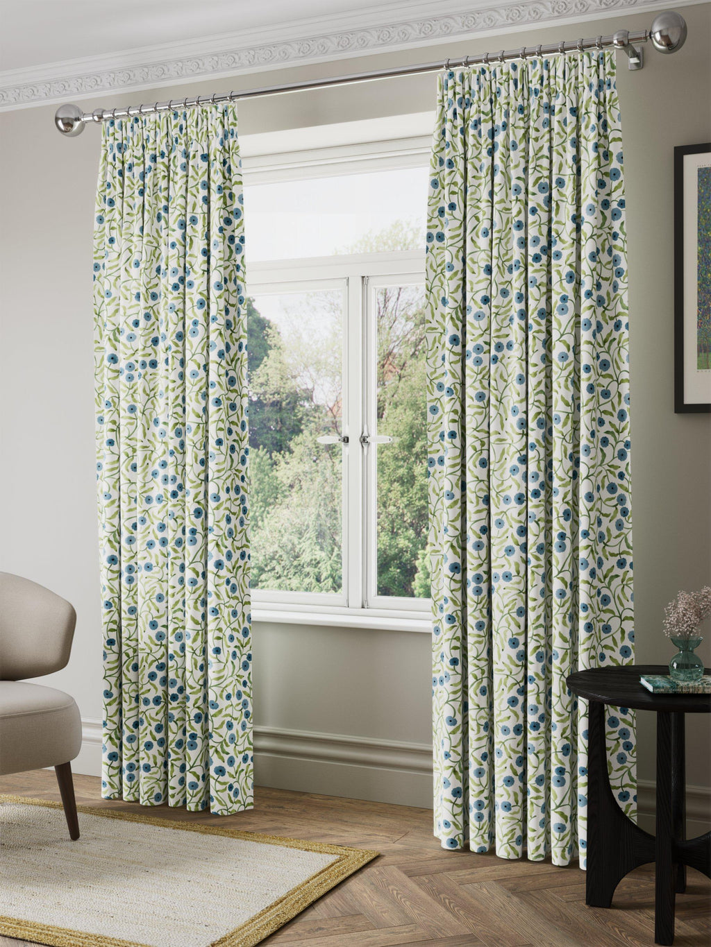 John Lewis x Iversen Floret Blackout Pencil Pleat Curtains 167x228cm Glacier