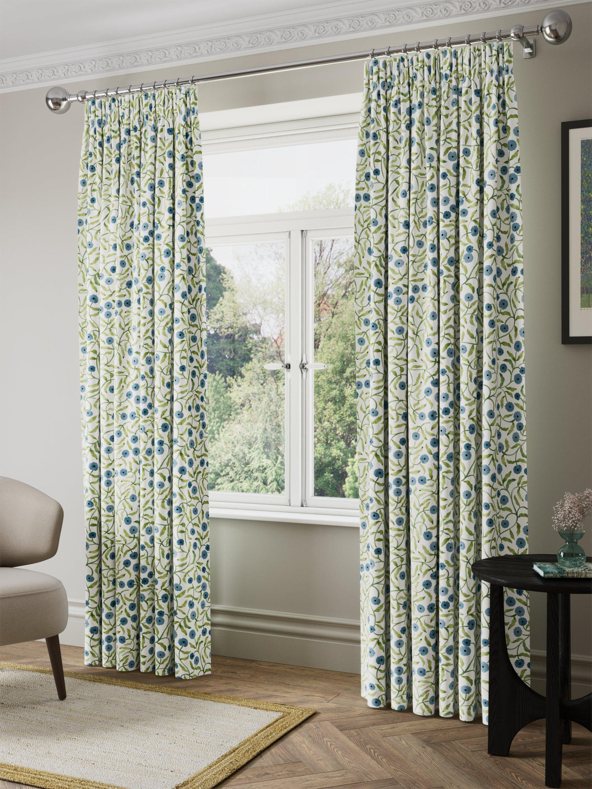 John Lewis x Iversen Floret Blackout Pencil Pleat Curtains 167x228cm Glacier