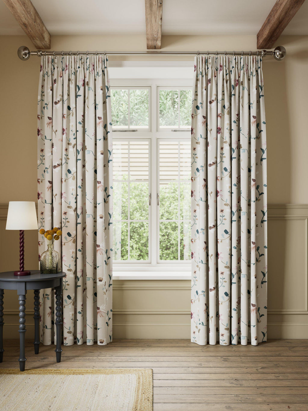 John Lewis Floral Blackout Pencil Pleat Curtains W228 x D182cm - Seafoam