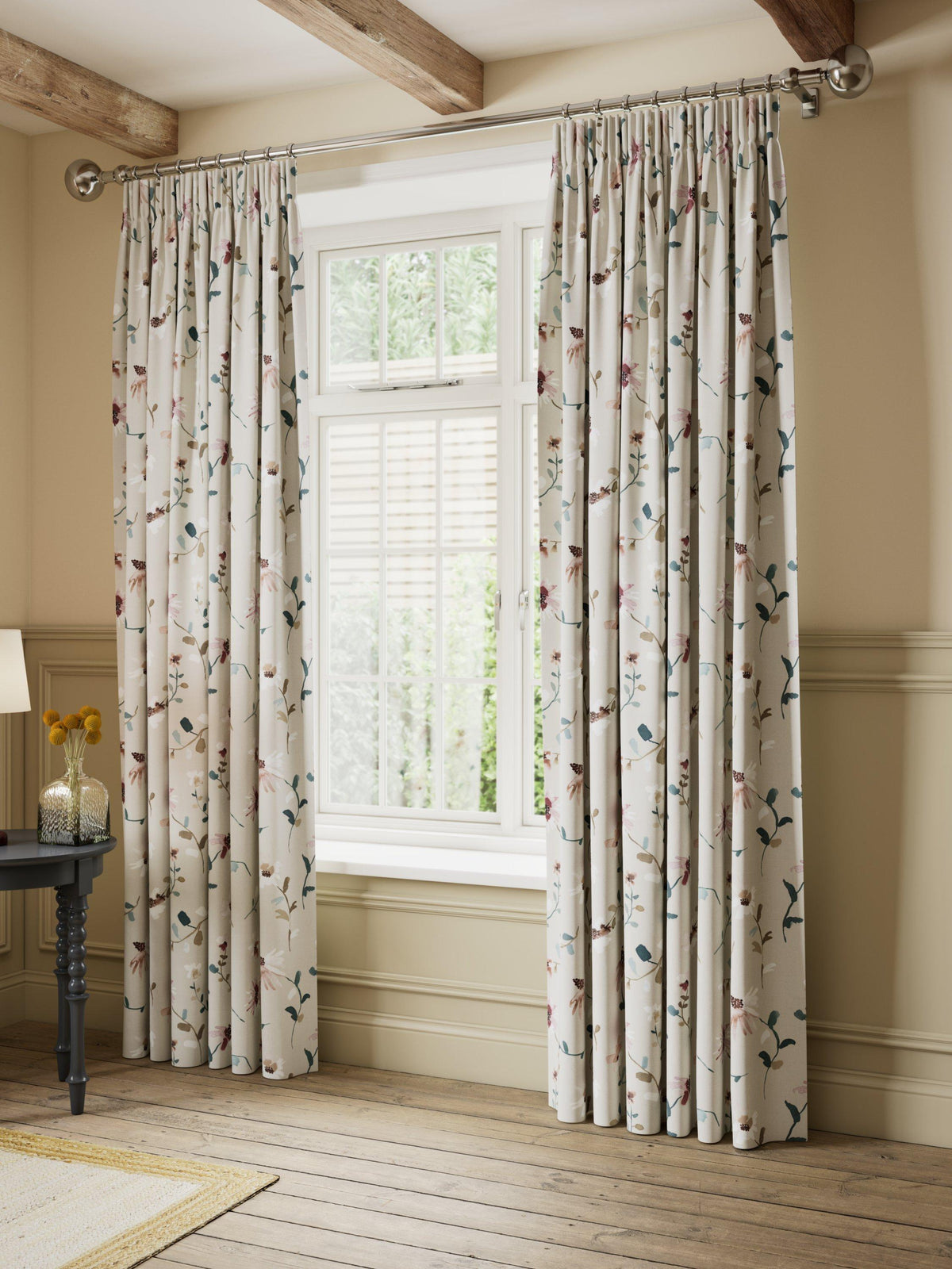 John Lewis Floral Blackout Pencil Pleat Curtains W228 x D182cm - Seafoam