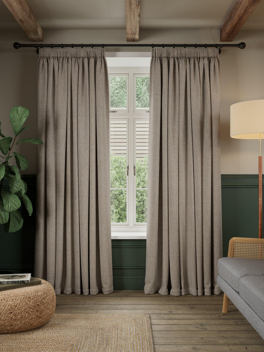 John Lewis Herringbone Pencil Pleat Blackout Curtains 167 x 274cm Pale Mole