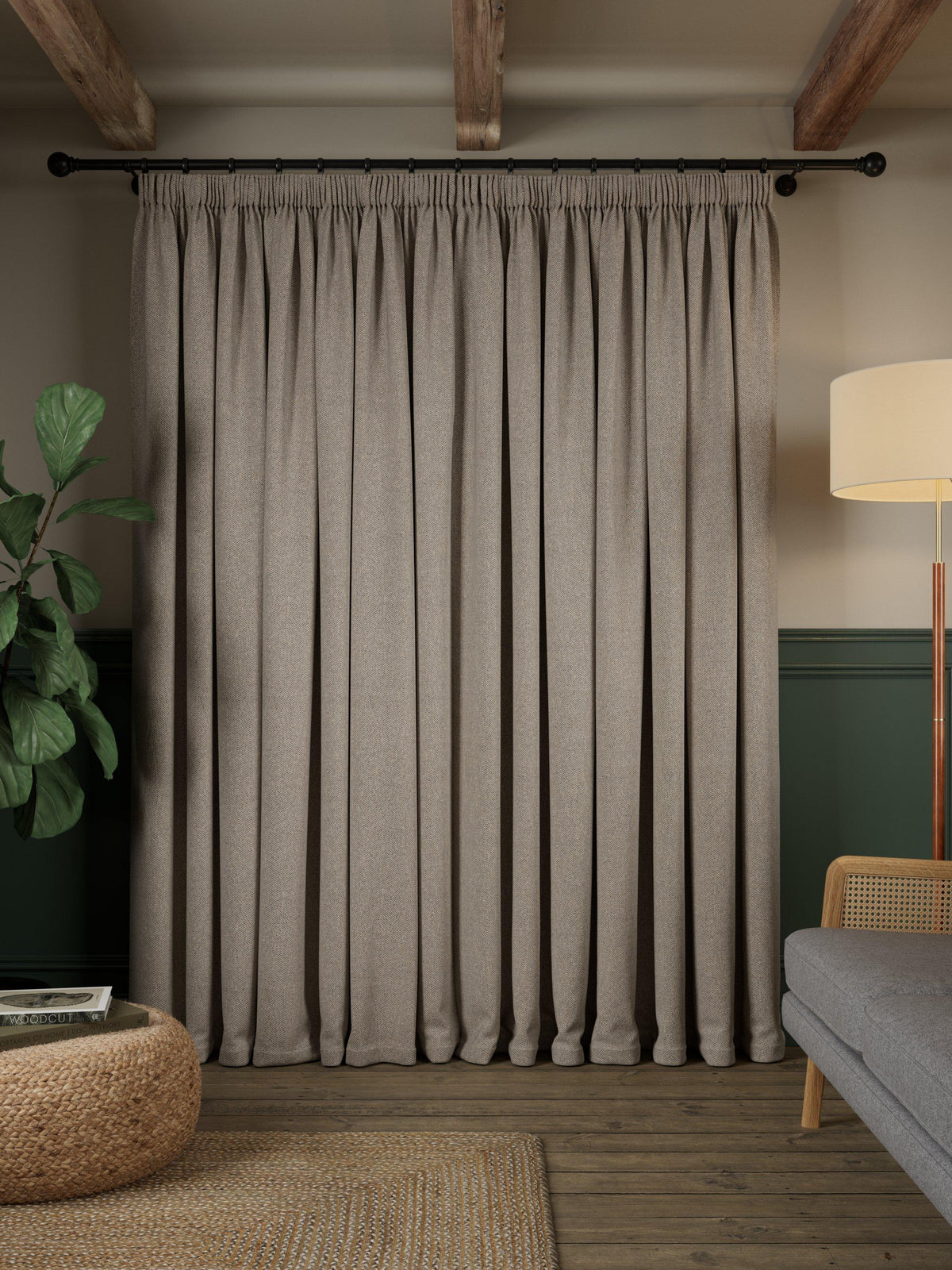 John Lewis Herringbone Pencil Pleat Blackout Curtains 167 x 274cm Pale Mole
