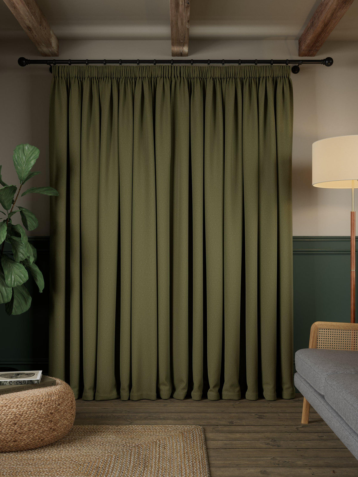 John Lewis Rustic Basketweave Pencil Pleat Curtains W167 x D228cm - Avocado
