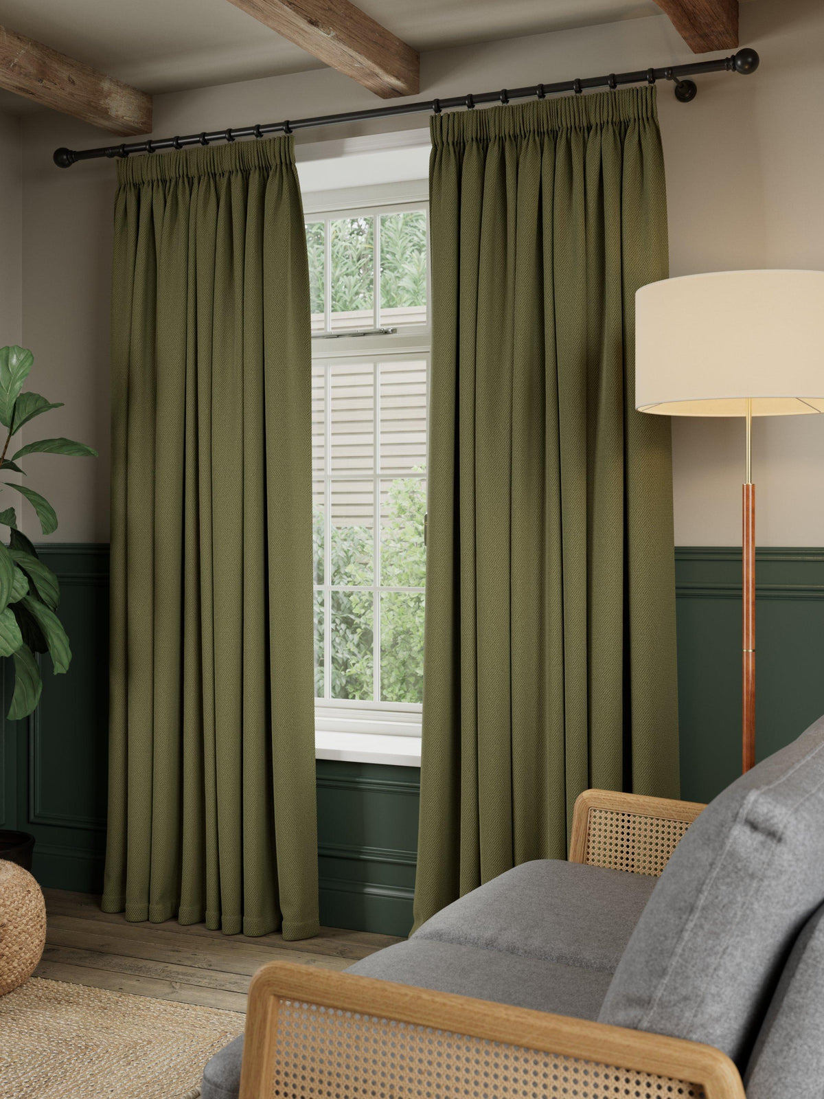 John Lewis Rustic Basketweave Pencil Pleat Curtains W167 x D228cm - Avocado