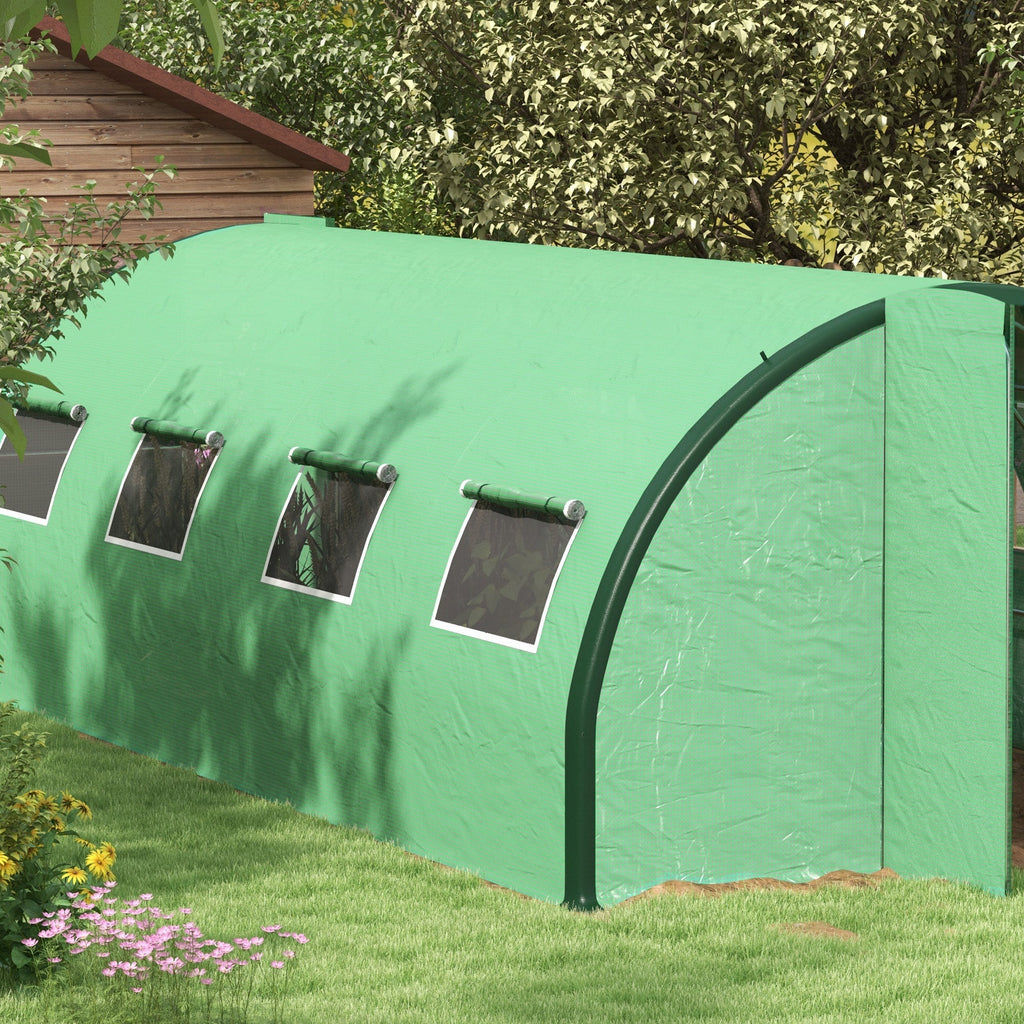 6 x 3m Walk-in Polytunnel Greenhouse with 2 Hinged Doors & 8 Mesh Windows, Green