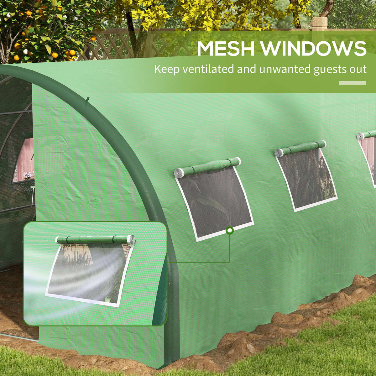 6 x 3m Walk-in Polytunnel Greenhouse with 2 Hinged Doors & 8 Mesh Windows, Green