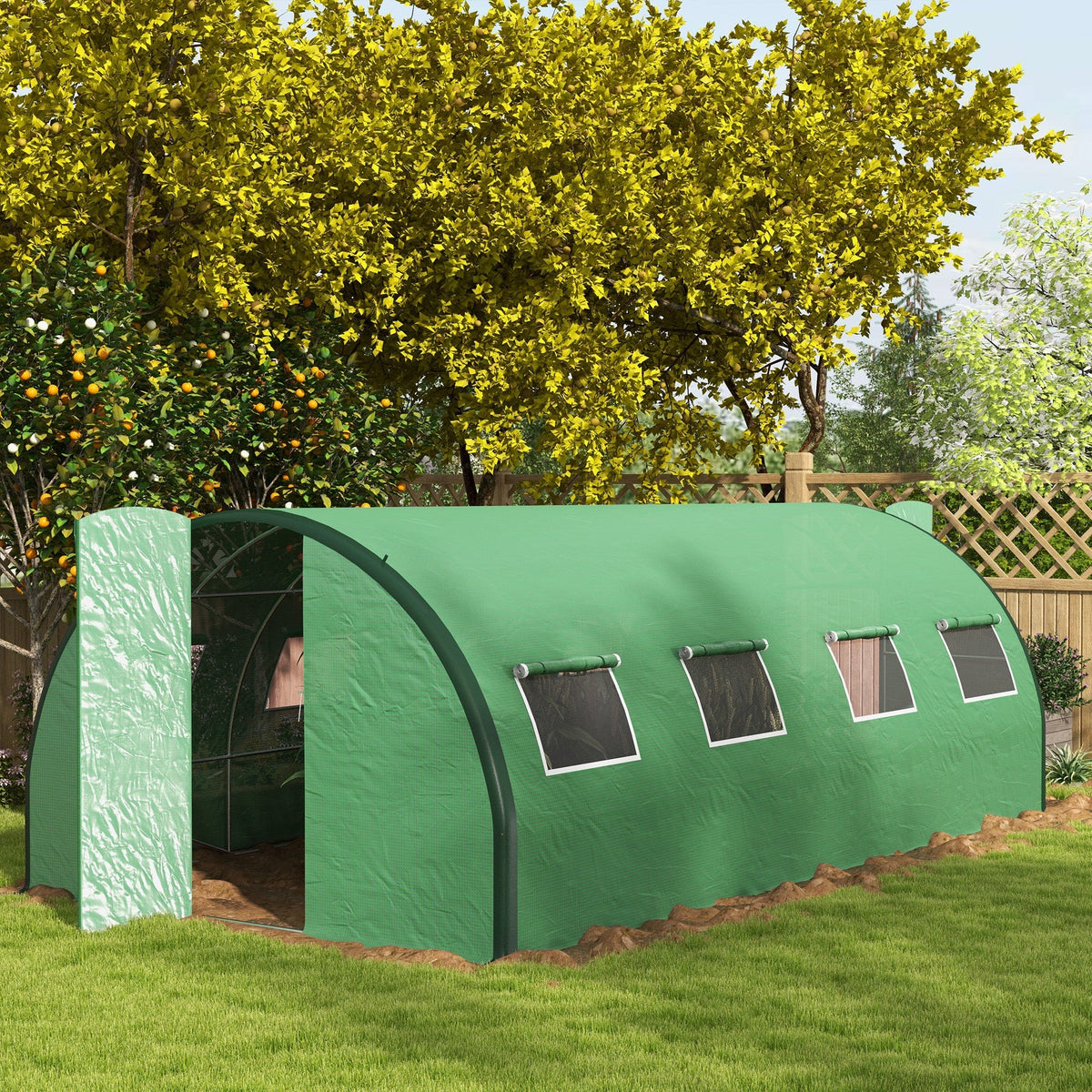 6 x 3m Walk-in Polytunnel Greenhouse with 2 Hinged Doors & 8 Mesh Windows, Green