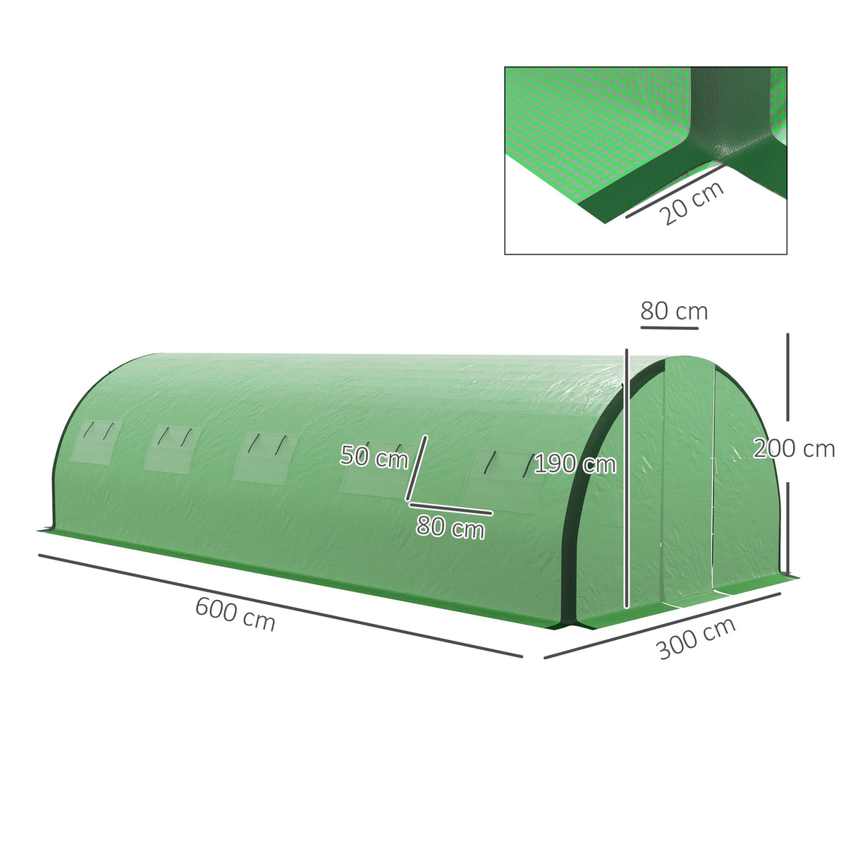 6 x 3m Walk-in Polytunnel Greenhouse with 2 Hinged Doors & 8 Mesh Windows, Green