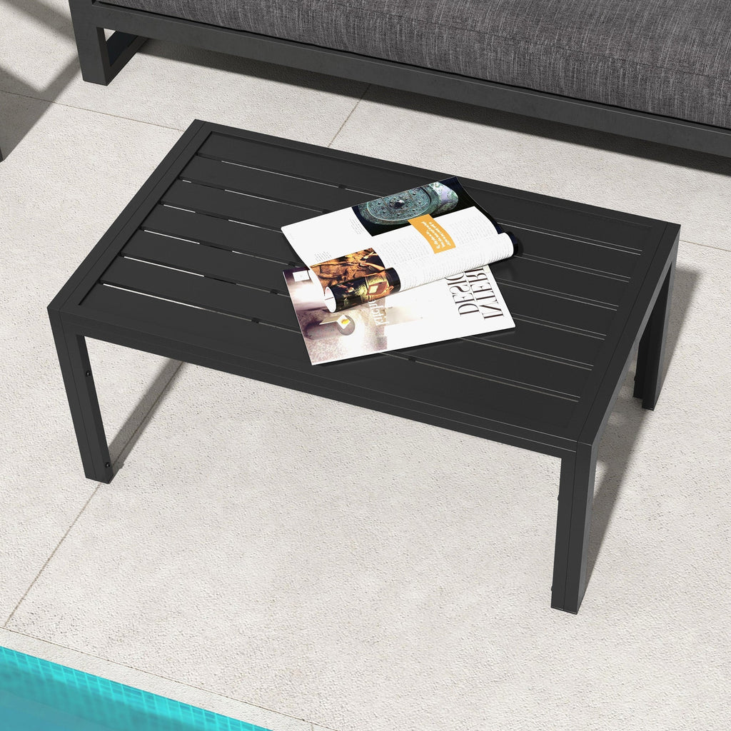 Rectangular Patio Side Table with Steel Frame & Slat Tabletop for Garden, Balcony, Black