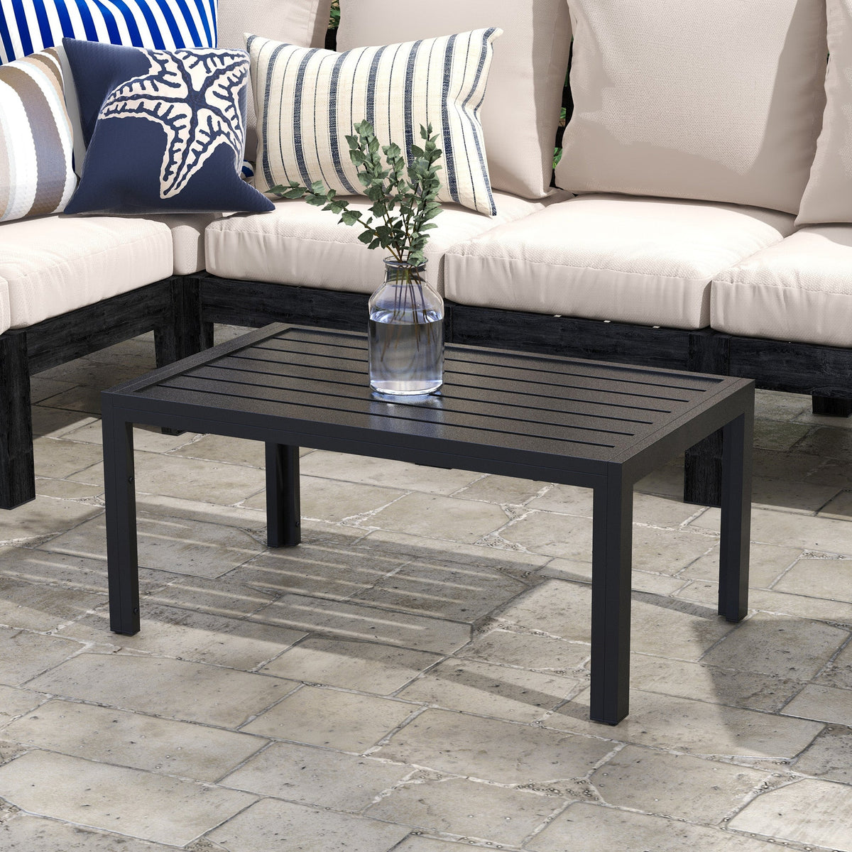 Rectangular Patio Side Table with Steel Frame & Slat Tabletop for Garden, Balcony, Black