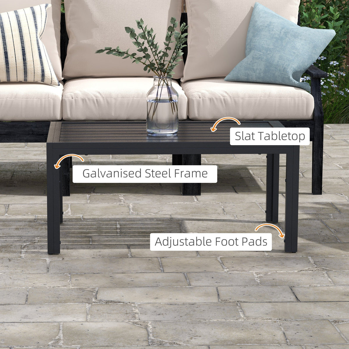 Rectangular Patio Side Table with Steel Frame & Slat Tabletop for Garden, Balcony, Black