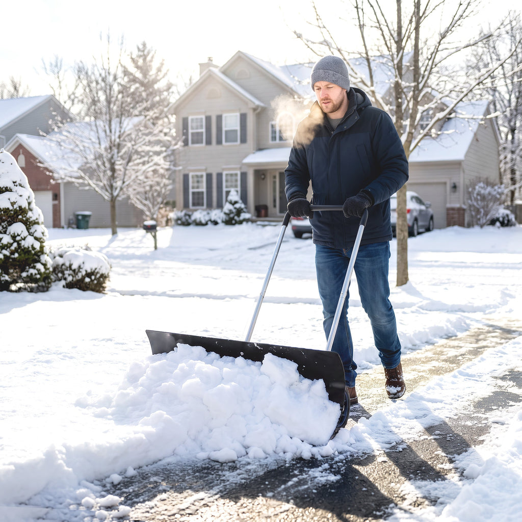 37" Extra-Wide Aluminum Snow Pusher with Wheels and Ergonomic Handle, Black