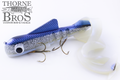 Musky Innovations MN Underdawgs fishing lure in blue and silver with detailed scales and two treble hooks, designed for musky fishing.