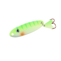 Northland UV Macho Minnow Spoon fishing lure with a green and white body, orange accent near the head, and a dual treble hook, designed for effective fishing tackle use.