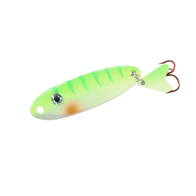 Northland UV Macho Minnow Spoon fishing lure with a green and white body, orange accent near the head, and a dual treble hook, designed for effective fishing tackle use.