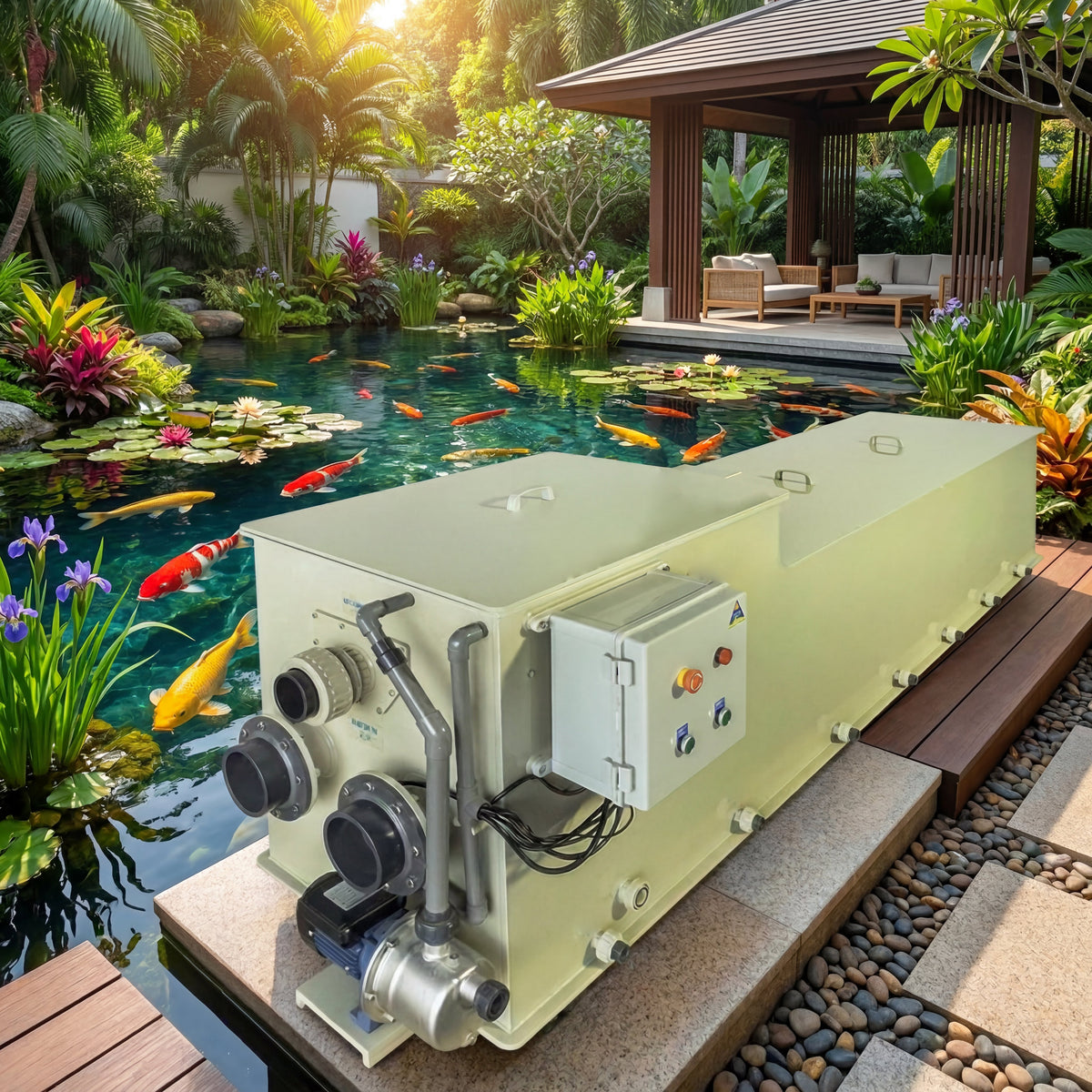 BTS50 Automatic Drum Micro Filter Pond Filtration System | 13,450 GPH / 12,000-Gallon (50-Ton) Capacity | Self-Cleaning, Dual UV40W Sterilizer & Biochemical Filter Media – Commercial Koi Pond & Aquaculture Water Filter