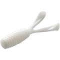 White soft plastic fishing lure with a ribbed cylindrical body and two flexible tapered appendages, designed for use with the 13 Fishing Micro Joystick.
