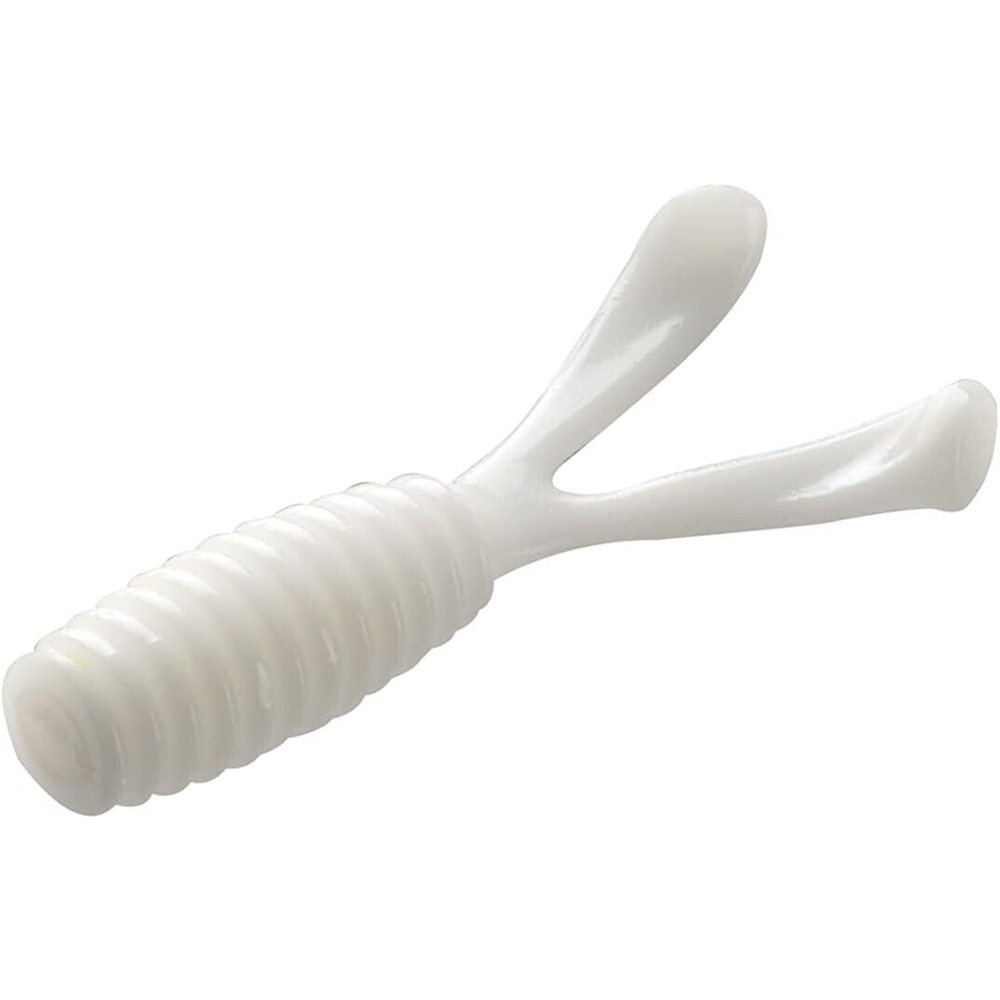 White soft plastic fishing lure with a ribbed cylindrical body and two flexible tapered appendages, designed for use with the 13 Fishing Micro Joystick.