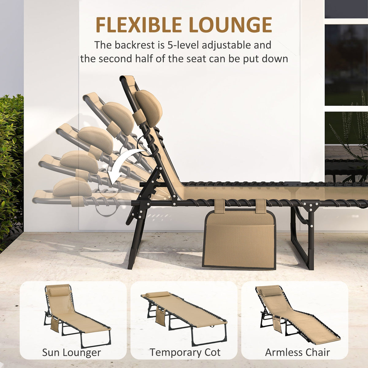 Folding Lounge Chair with Adjustable Backrest and Pillow, Beige