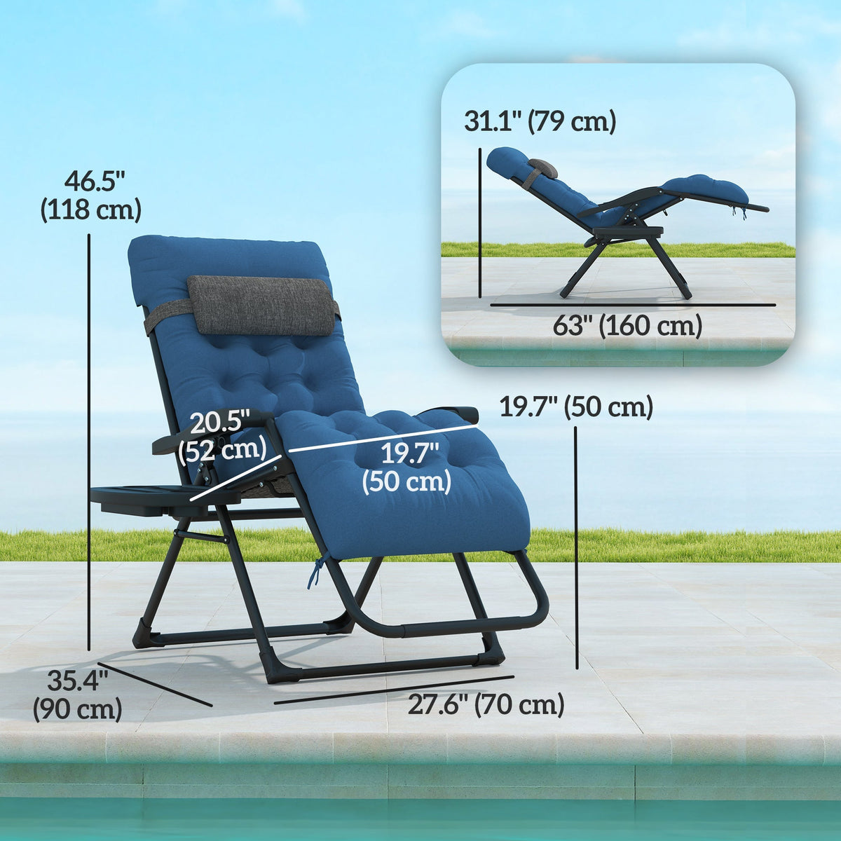 Padded Folding Recliner Chair with Cupholder, Adjustable Backrest & Cushion, Navy Blue