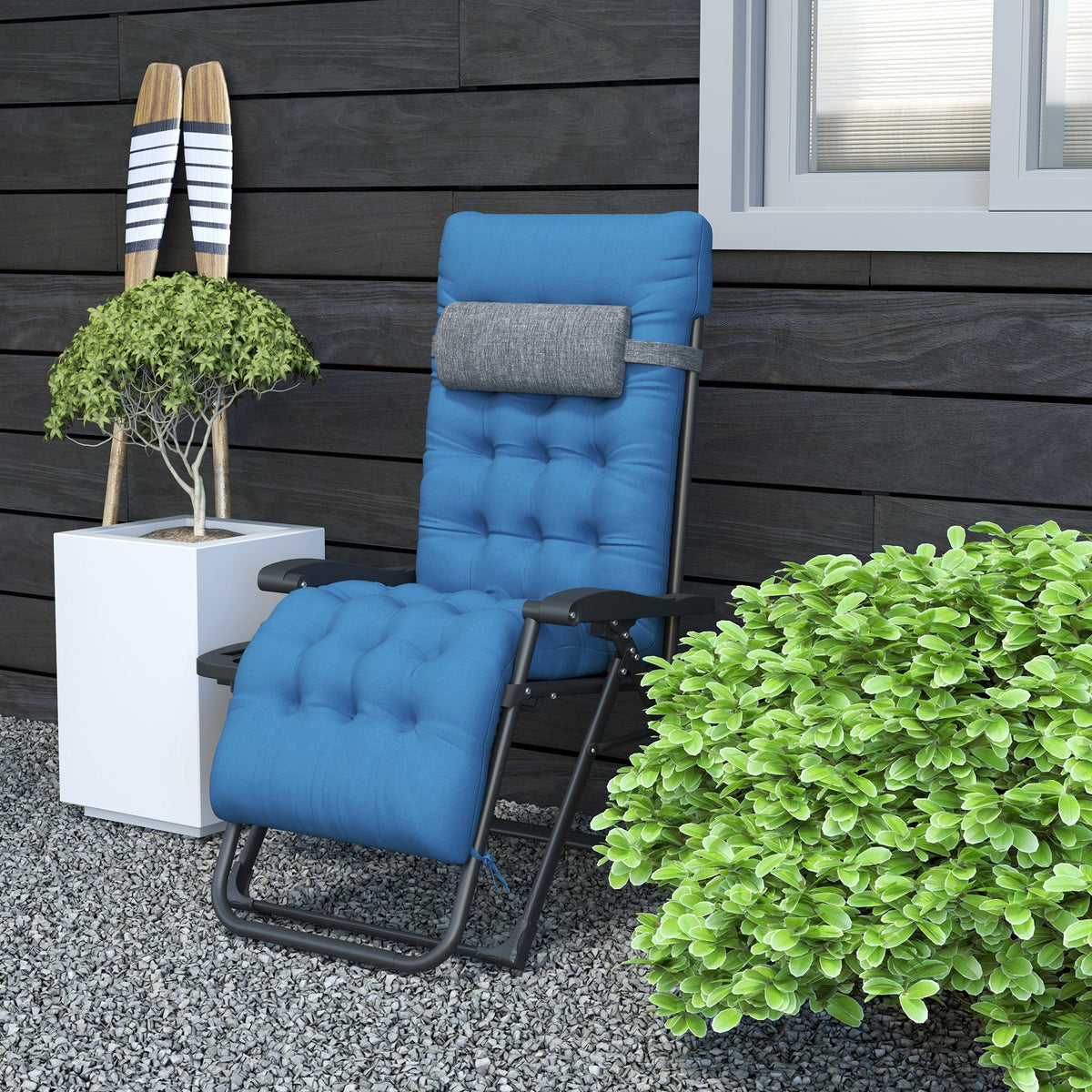 Padded Folding Recliner Chair with Cupholder, Adjustable Backrest & Cushion, Navy Blue