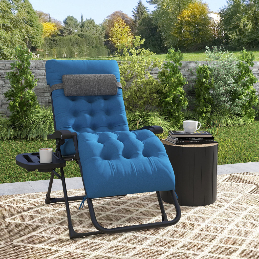 Padded Folding Recliner Chair with Cupholder, Adjustable Backrest & Cushion, Navy Blue