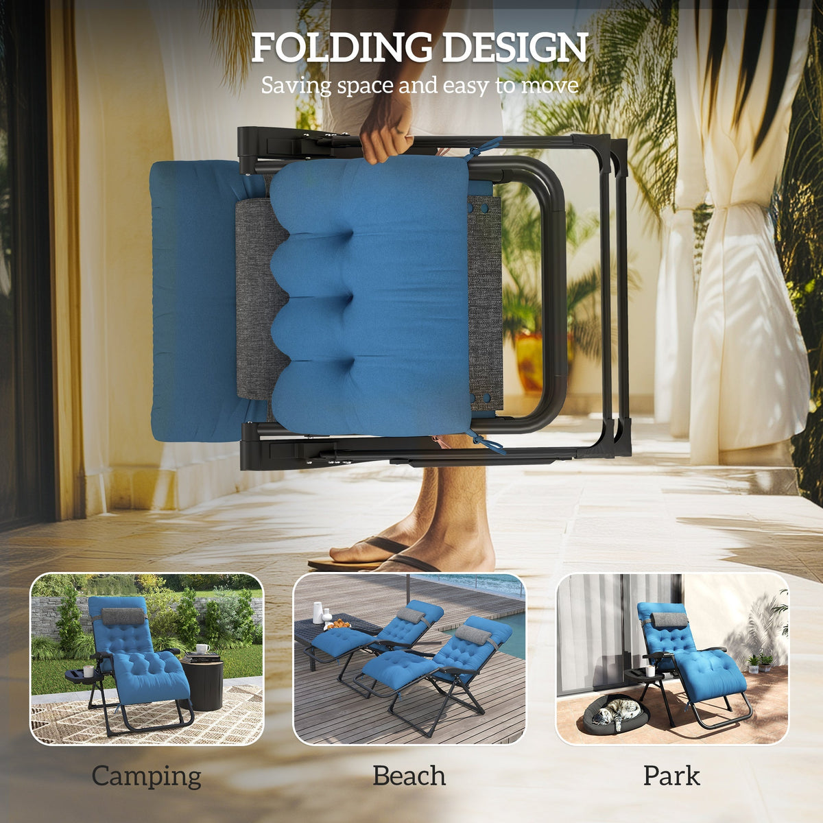 Padded Folding Recliner Chair with Cupholder, Adjustable Backrest & Cushion, Navy Blue
