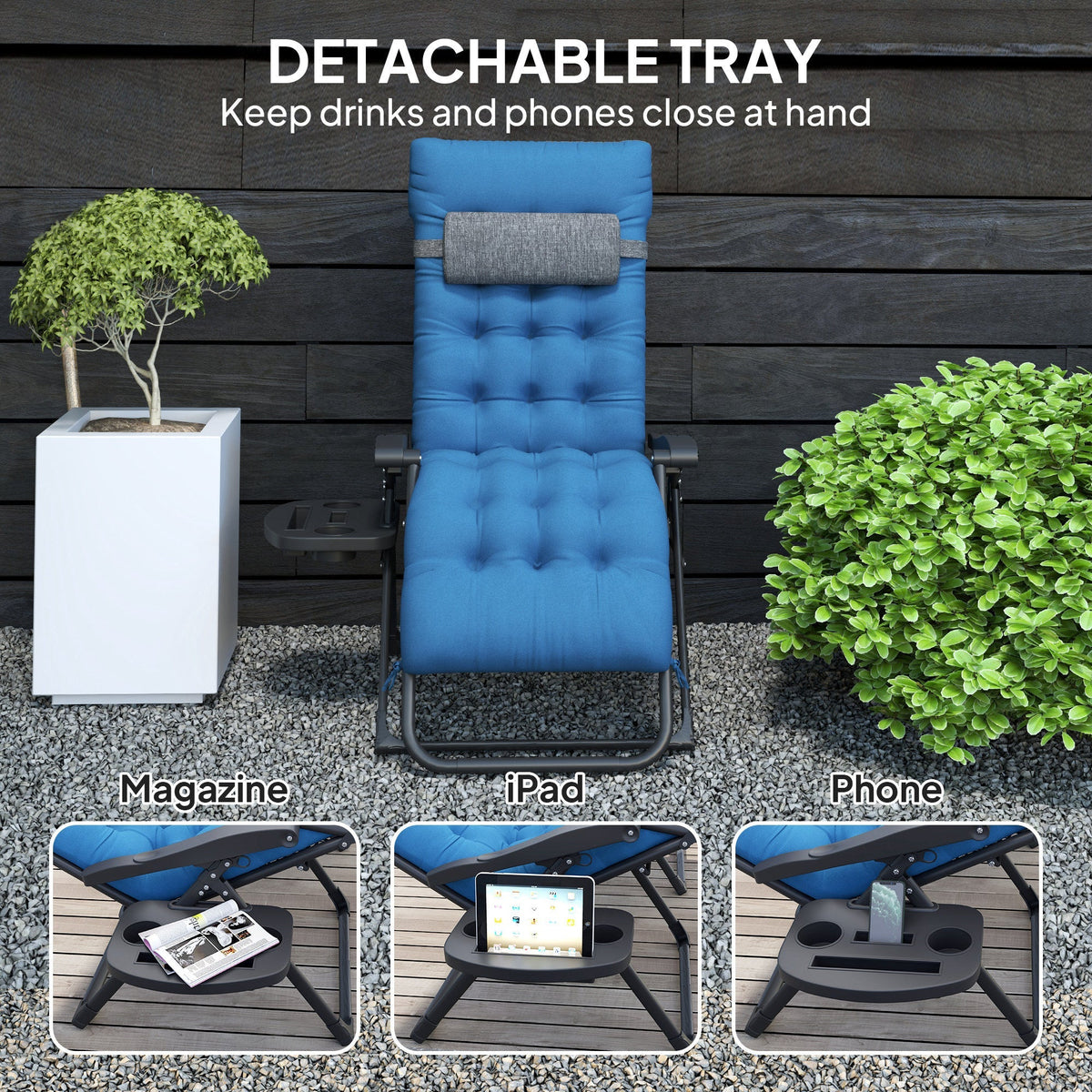 Padded Folding Recliner Chair with Cupholder, Adjustable Backrest & Cushion, Navy Blue