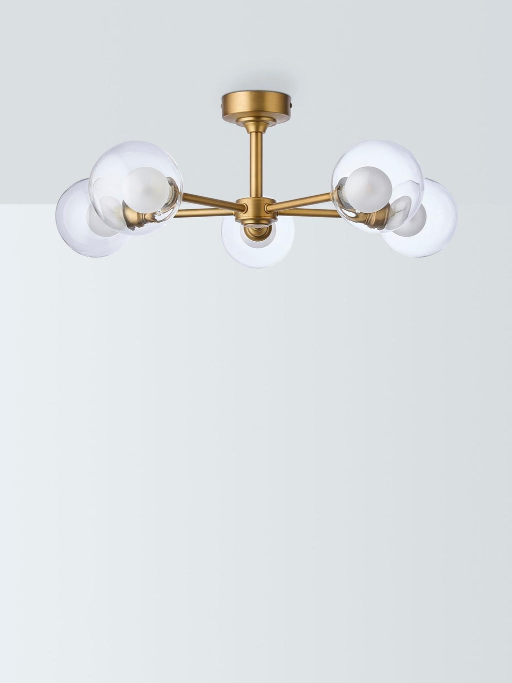 John Lewis Oliver 5 Arm Glass Globe Semi Flush Ceiling Light - Antique Brass
