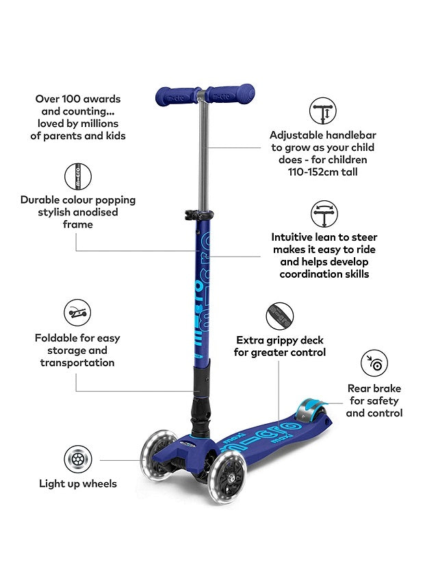 Micro Scooters Maxi Micro Deluxe Foldable Lightweight LED Kids Scooter Navy