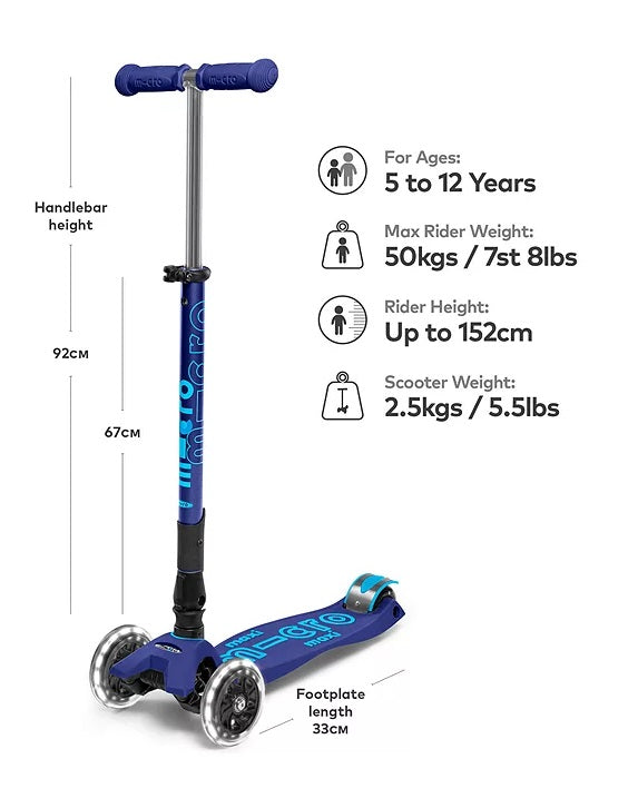 Micro Scooters Maxi Micro Deluxe Foldable Lightweight LED Kids Scooter Navy