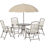 6 Piece Outdoor Dining Sets for 4 with Umbrella, 4 Folding Chairs & Round Glass Table, Beige