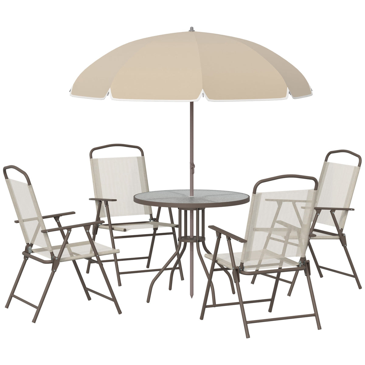 6 Piece Outdoor Dining Sets for 4 with Umbrella, 4 Folding Chairs & Round Glass Table, Beige